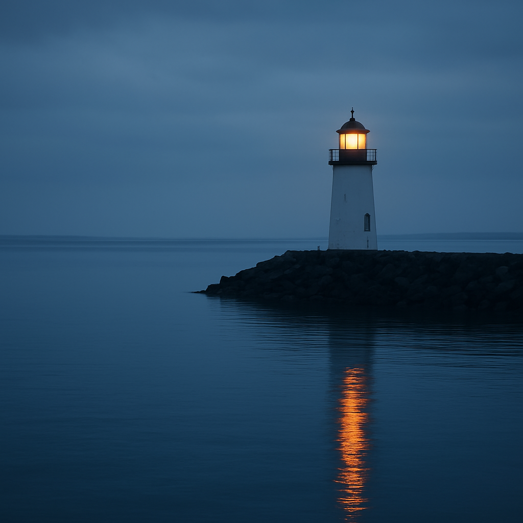 A lighthouse standing on a harbor breakwater at blue hour, its warm lamp glowing over calm water